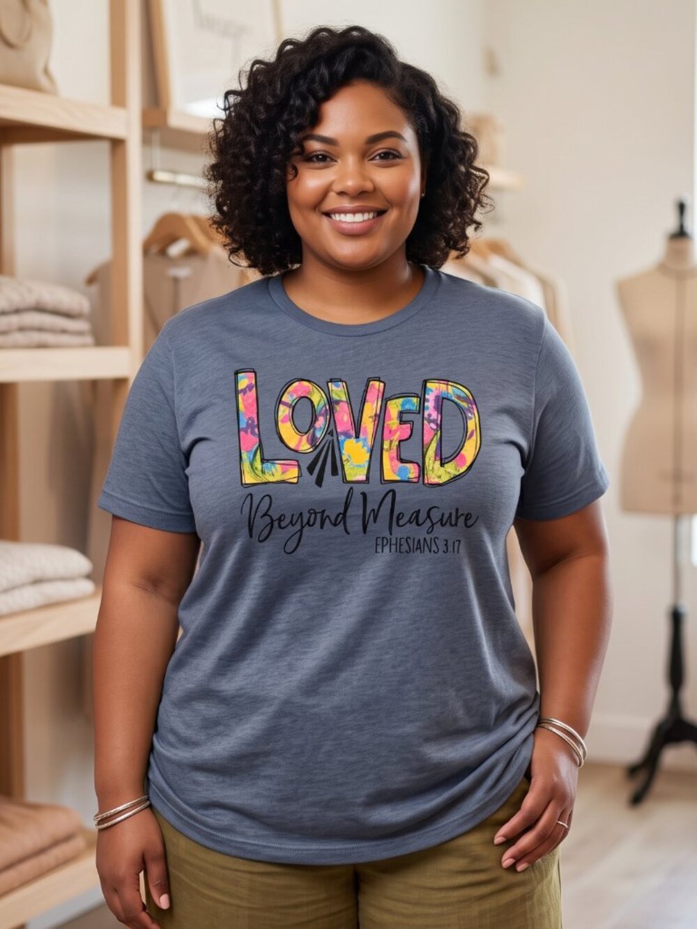 NWOT | Love in Faith "Loved Beyond Measure" Ephesians 3:17 Graphic Tee | Denim |